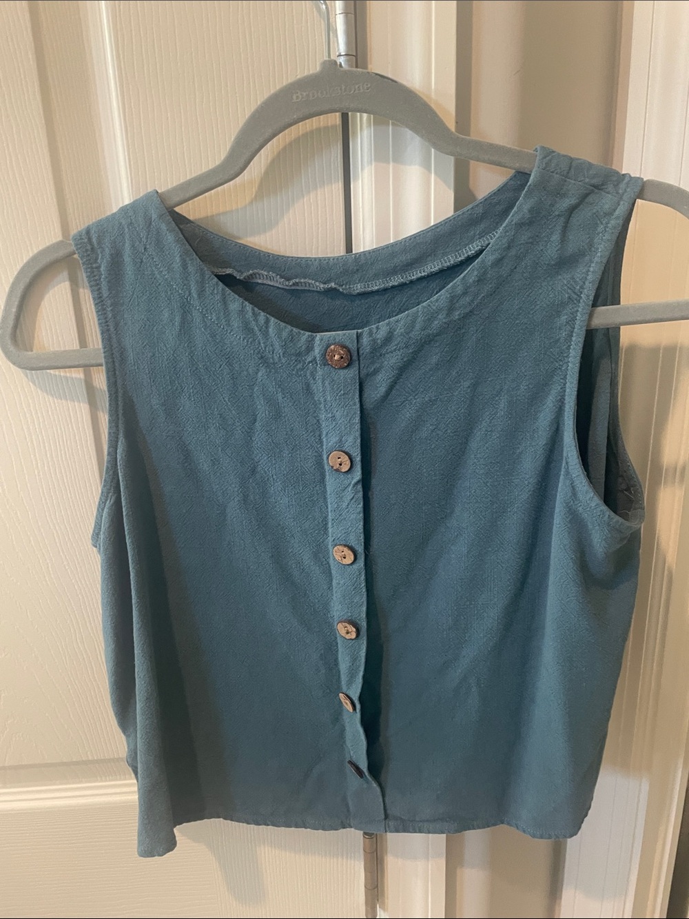 Sleeveless Button Top in Teal Blue linen blend crop